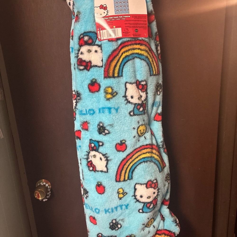 Hello Kitty Blue Rainbow Apple Spring Summer Faux Fur Blanket